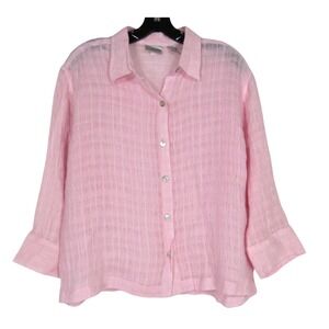 CHICO'S Thin Crinkled LINEN Button-Up 3/4 SLEEVES Pink BLOUSE/TOP Sz 1/US-M